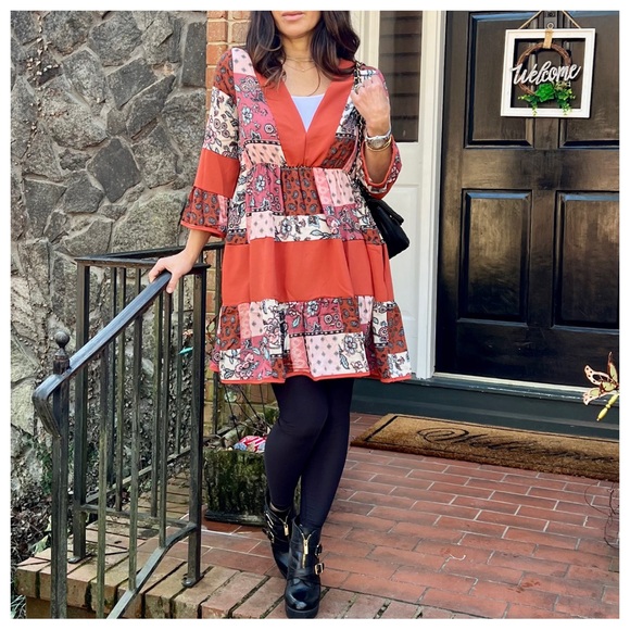 #48 Boho Chic Patchwork Contrast Dress - Picture 3 of 9